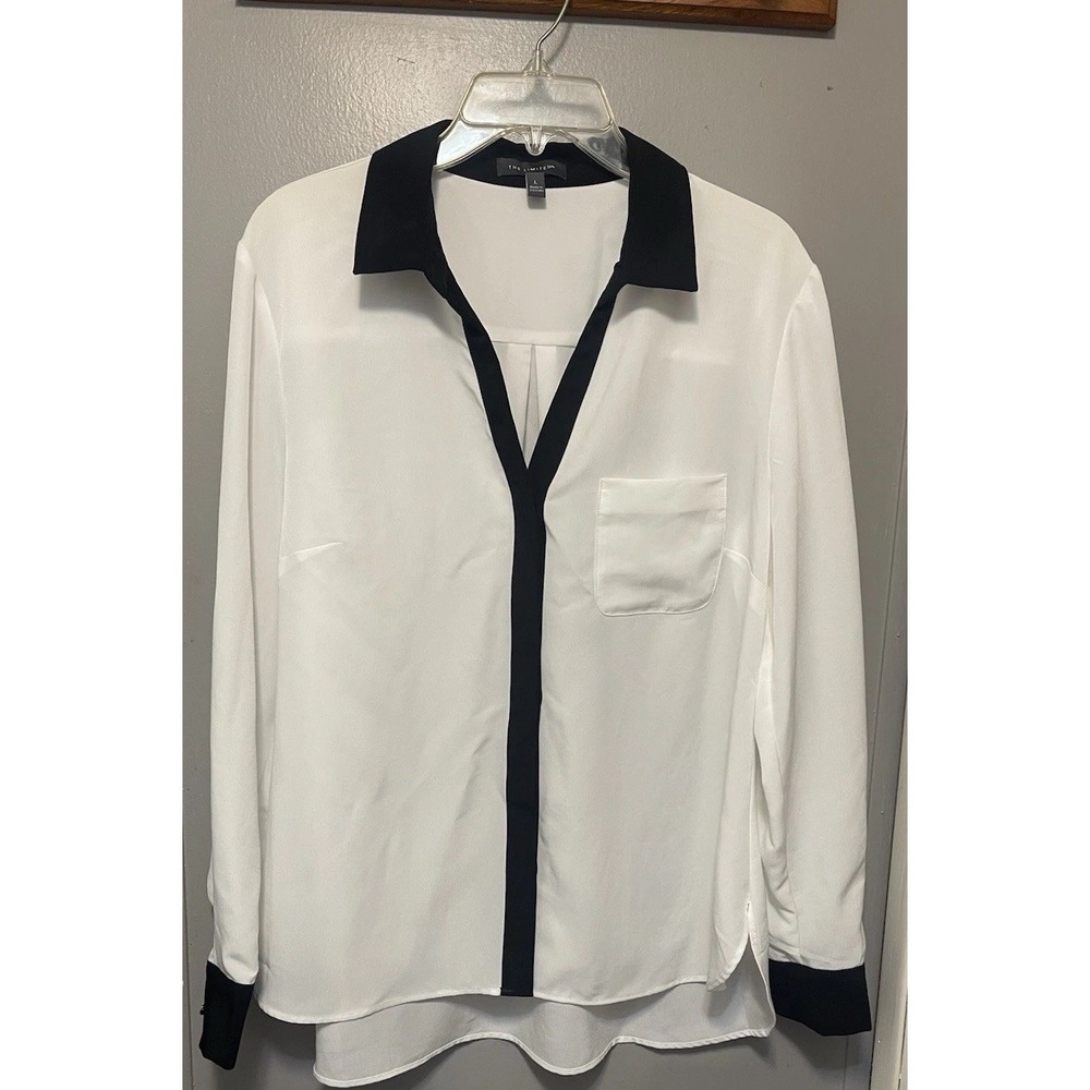 The limited women's large blouse, long sleeve silver buttons on cuff, white/blk